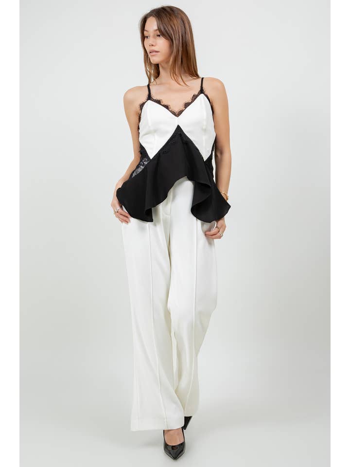 IVORY BLACK LACE + CONTRAST SATIN TANK TOP W TIE BACK for wholesale on Faire5