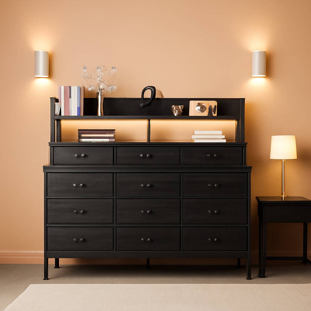 51.2 Inch Wide Black Dresser With 13 Drawers And LED Lights for wholesale on Faire0