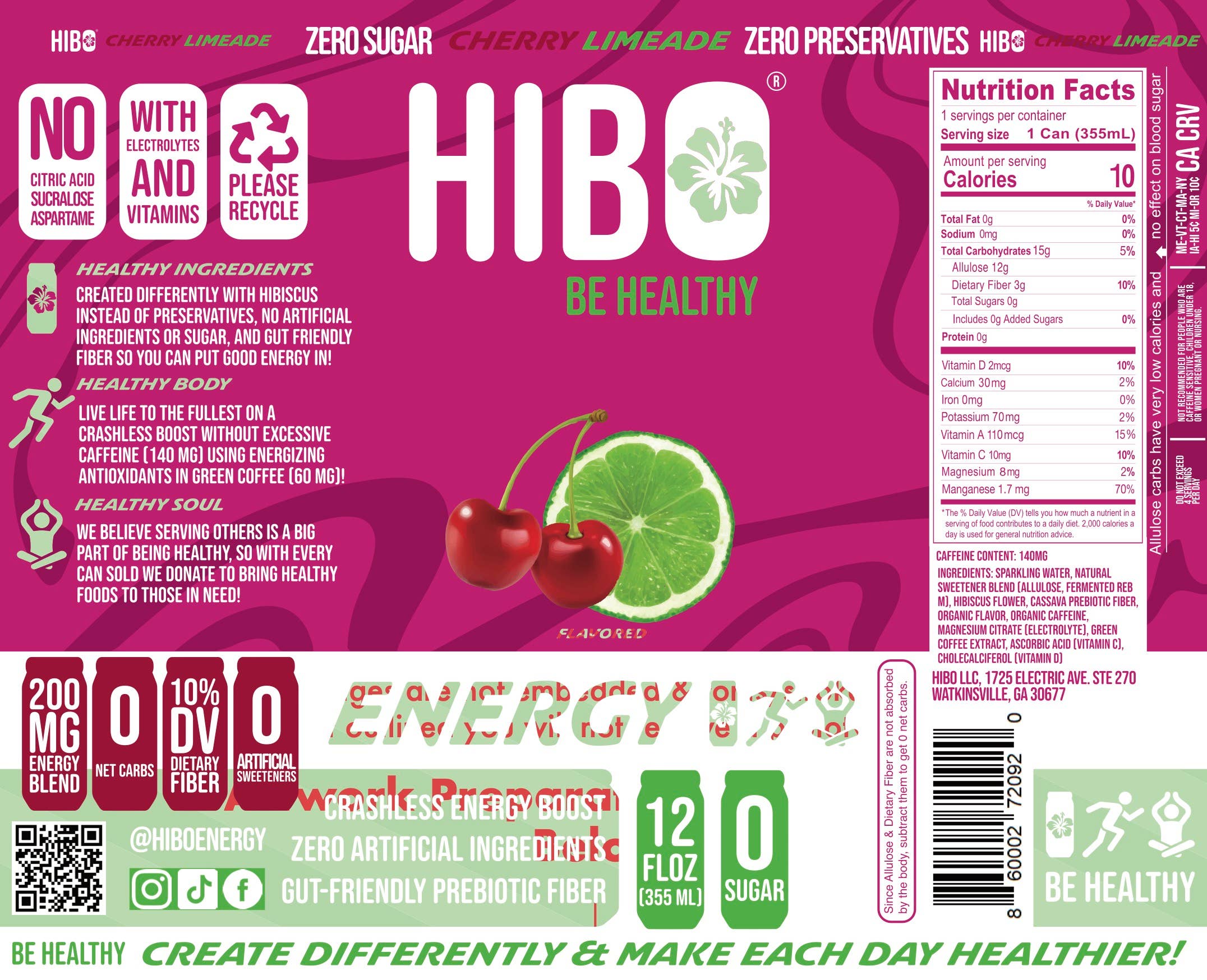 HIBO Healthy Energy - Wholesale Sport- en energiedrank - Natuurlijke Suikervrije Energy Drink HIBO Kers Limoen1