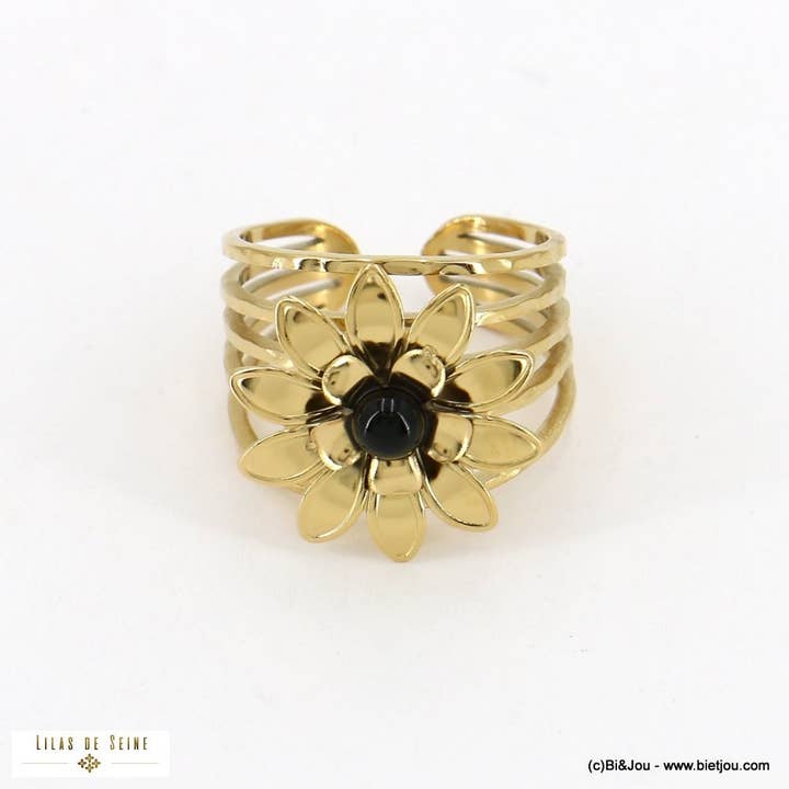 Lilas de Seine – Großhandel Cocktail-/Statement-Ring – Großer verstellbarer Edelstahlring mit Blumenmotiv und Steinkugel 04230164