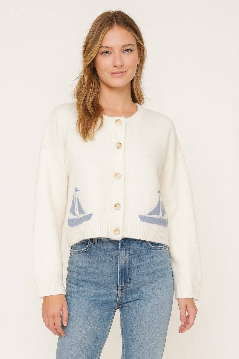 Vanilla Monkey - Wholesale Cardigan - Women's - Sailboat Print Button Up0