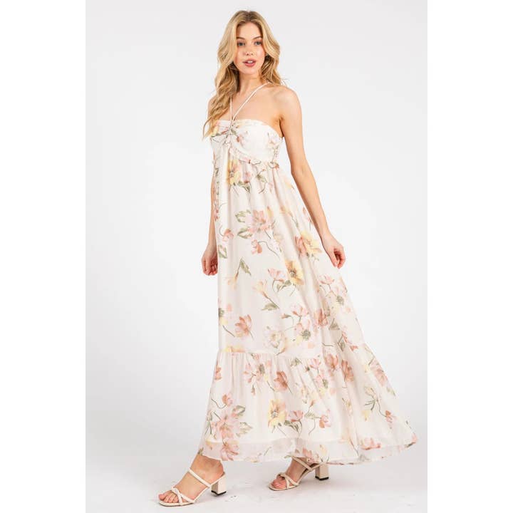 CREAM HALTER NECK TIE TIERED MAXI CHIFFON DRESS for wholesale on Faire
