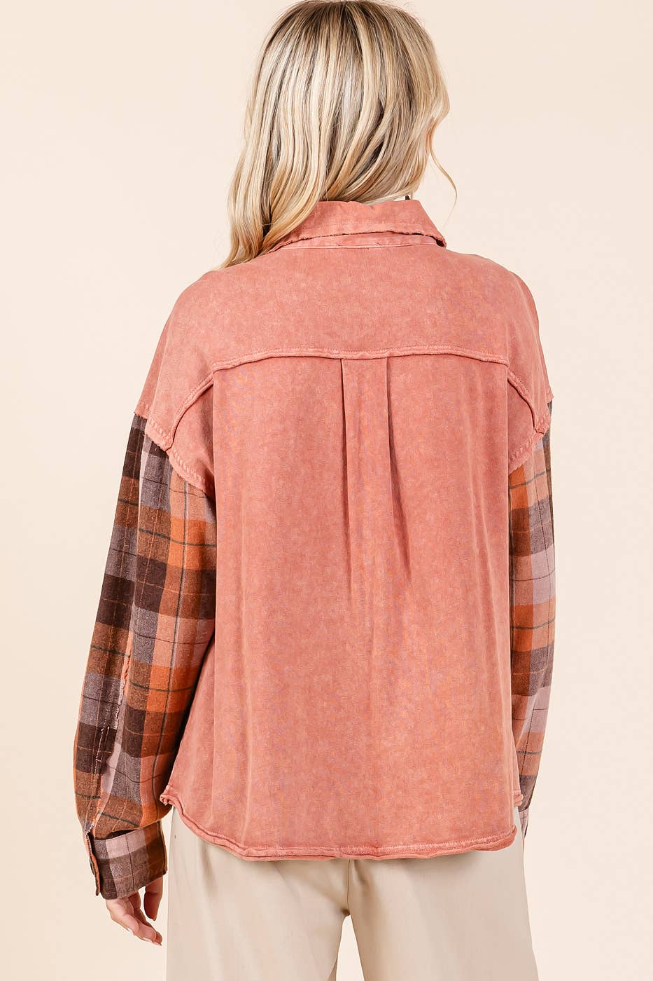 mittoshop - Wholesale Shirt Jacket/Shacket - Women's - MINERAL WASH CONTRAST PLAID PATCHWORK SHACKET3