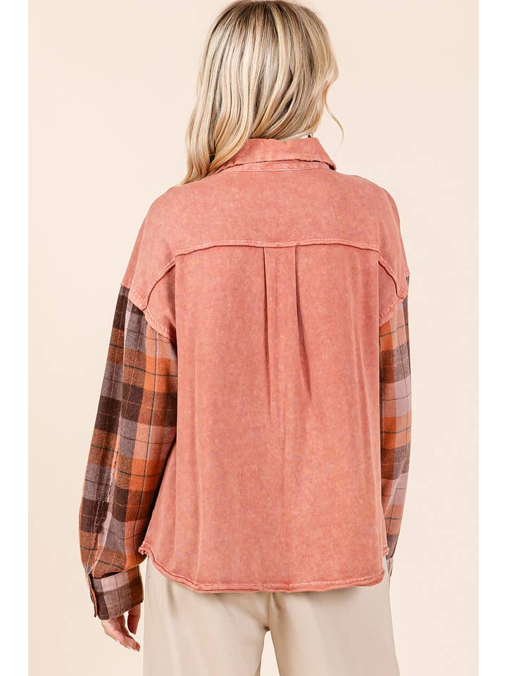 mittoshop - Wholesale Shirt Jacket/Shacket - Women's - MINERAL WASH CONTRAST PLAID PATCHWORK SHACKET3