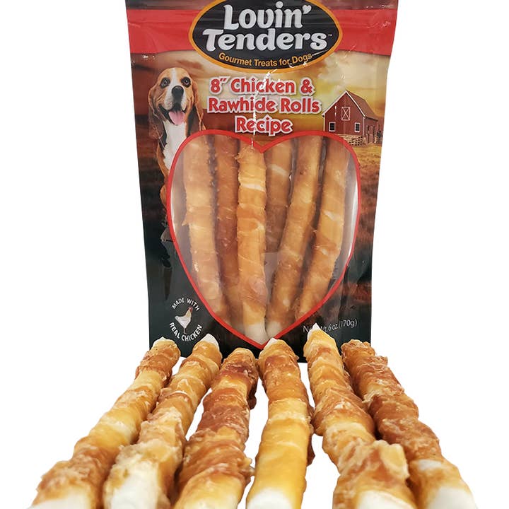 Lovin Tenders - Wholesale Pet Treats - Dog - Lovin' Tenders 8" Chicken & Rawhide Rolls, 6-Pk