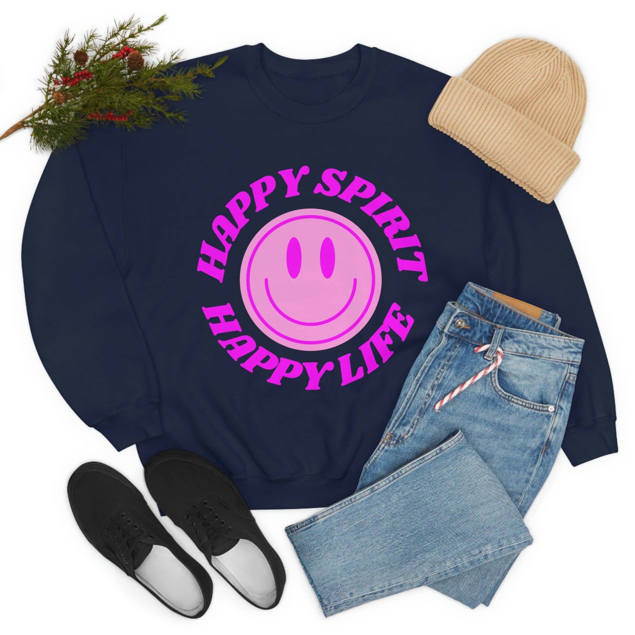 Happy Life Stuff - Wholesale Graphic Sweatshirt - Women's - Happy Spirit Happy Life Sweatshirt, VSCO Girl Crewneck, Oversized Retro Font Graphic Tumblr, Front Print Smile Face Trendy Cover Up33