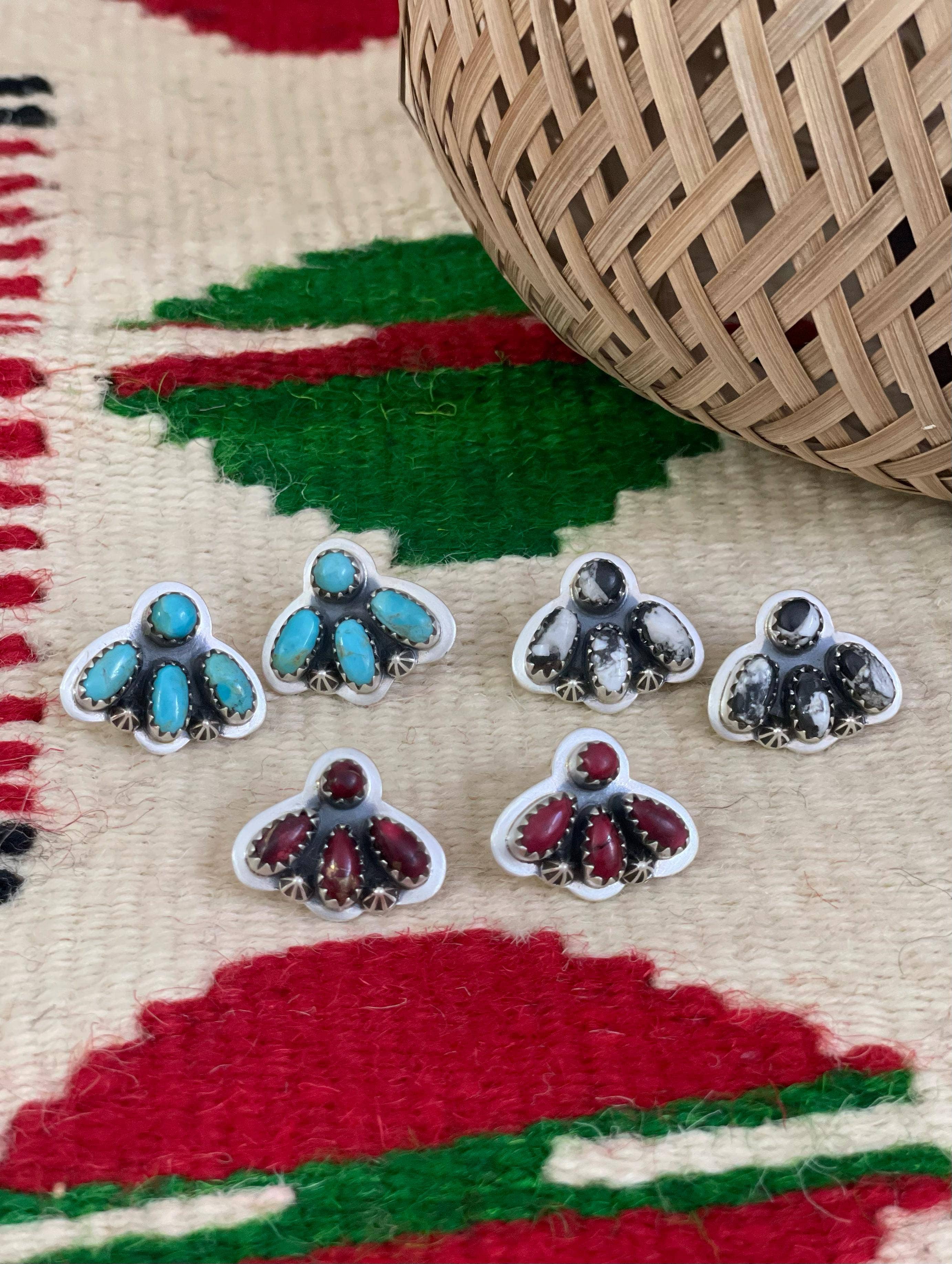 Nizhonitradersllc - Wholesale Stud/Post Earrings - Handmade Sterling Silver Red Rose Dahlia, White Buffalo, Kingman Turquoise Post Earrings, Signed Nizhoni0