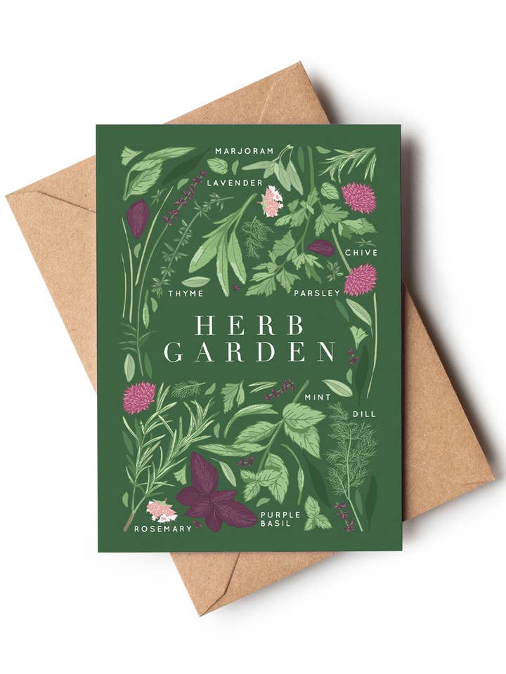 Herb Garden Dark Green Herbs Illustrated Botanical Card for wholesale by Wildwood Paper