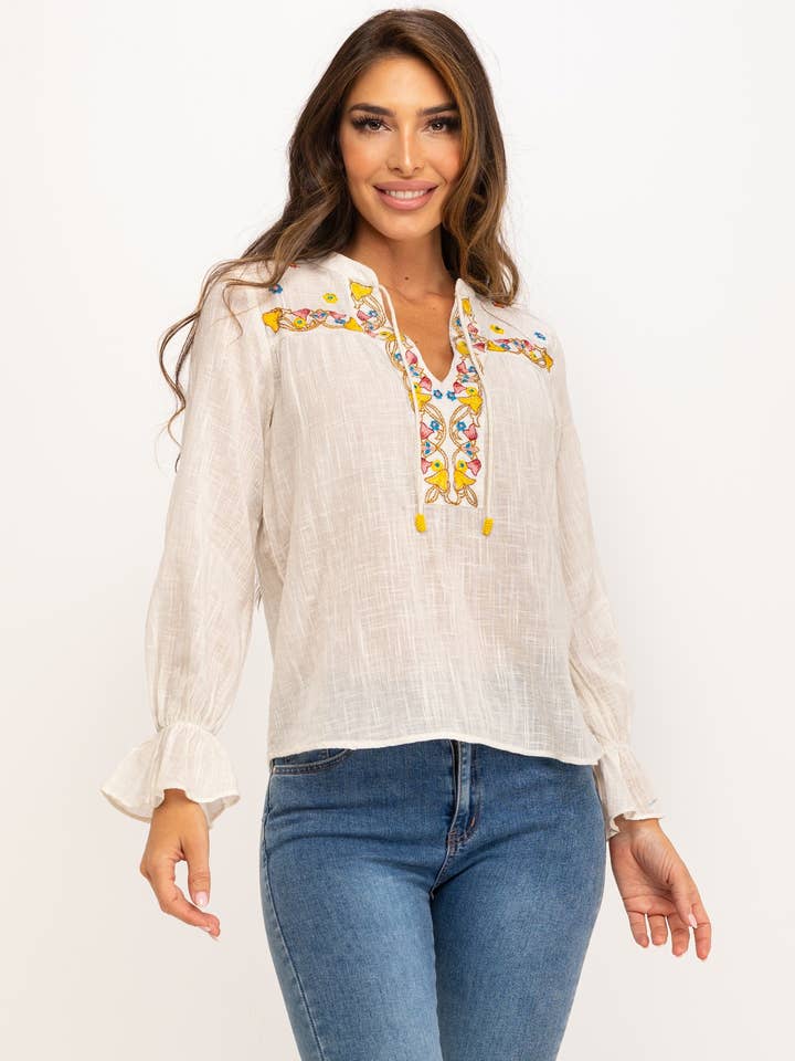 Rustik bomuldsbluse med mao-krave og 100 % bomuldssyning for engroshandel hos Peace & Love (CALAO IMPORT EXPORT S.L.)