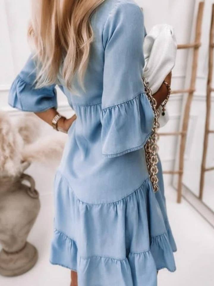 LIGHTBLUE CWDSD6508_Women Casual Denim Shirt Dress Short Sleeve A Line for wholesale on Faire4