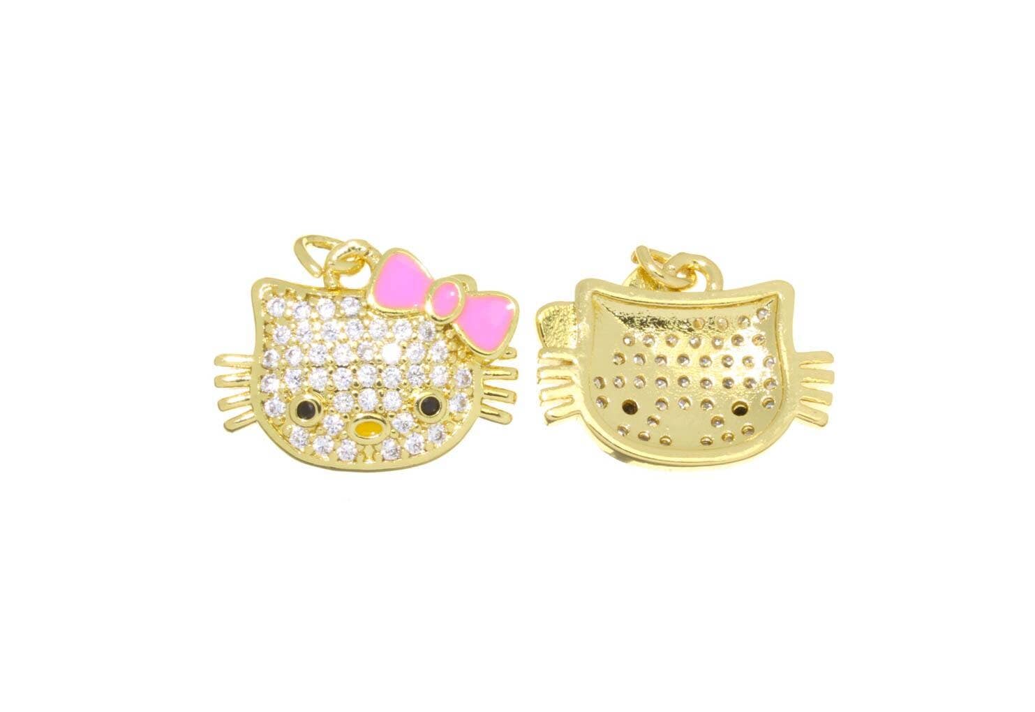 Jewel Pledge – Pendente/pingente individual por atacado – Pingente de Cabeça de Gato Kawaii Brilhante com Esmalte e Zircônia Dourada, CPG26431