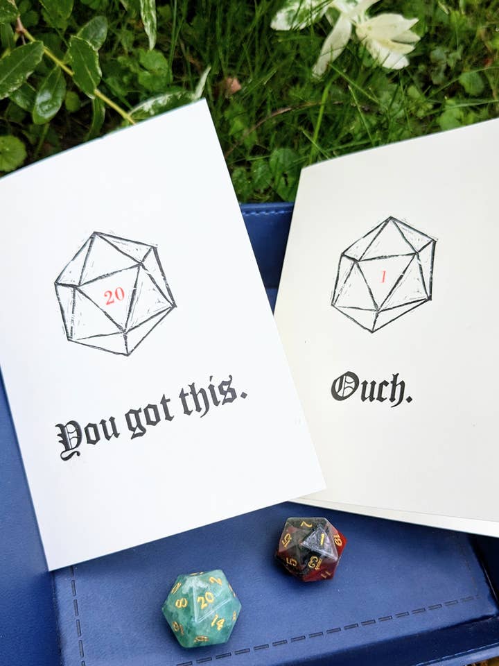 D20 Tabletop Phrases - Original Wood Block Printed Card for wholesale by Wingedprints