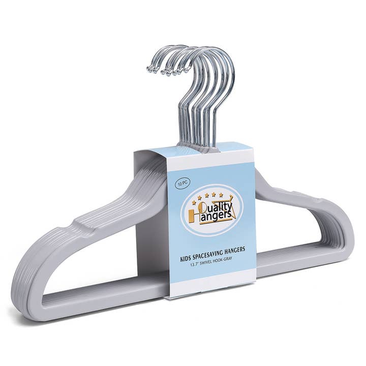 P415 – Lot de 10 cintres fins pour enfants de 13,7" en plastique ABS gris pour la vente par Quality Hangers