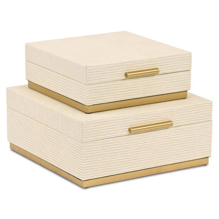Juego de dos cajas de madera anidadas en crema y dorado con tapa para venta al por mayor de HomeRoots