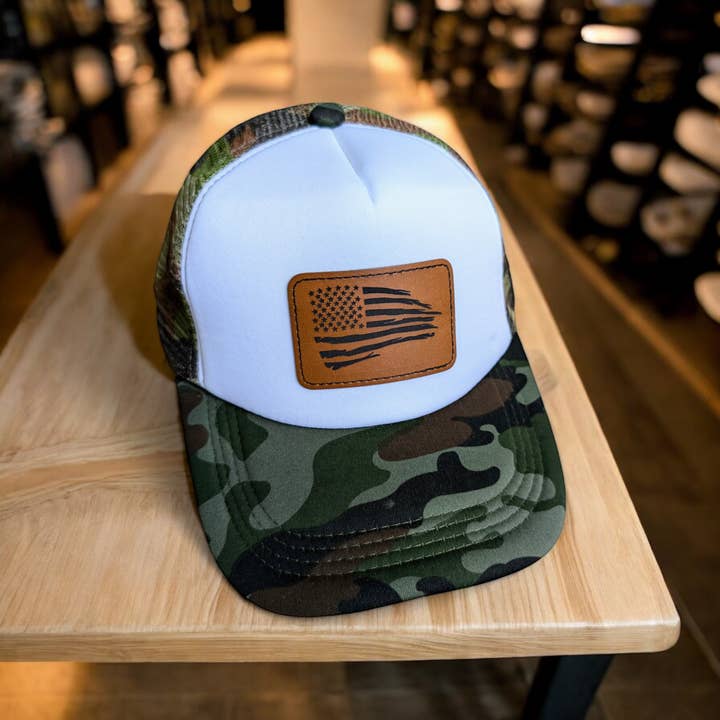 USA Flag Leather Patch Trucker Hat (Polyester Foam) for wholesale by 2A Solutions