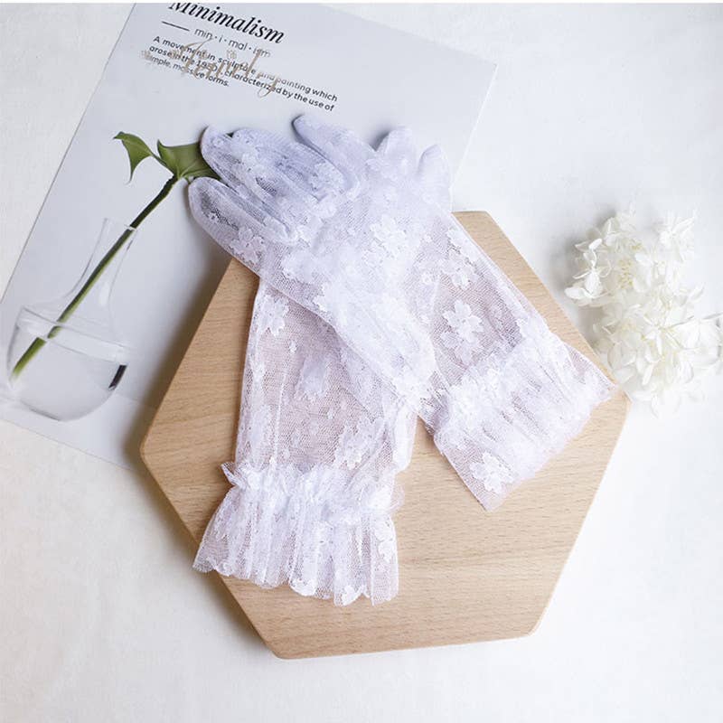 Floris Linens - Wholesale Gloves - Women's - Nylon Gloves with Ruffles for Bridal, Formal Occasion1