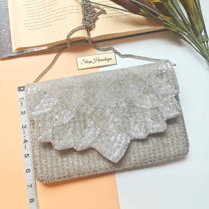 ShopHimalaya - Vente Pochette – femme - Pochette à Perles Argentée | Sac de Soirée Art Déco pour Mariée