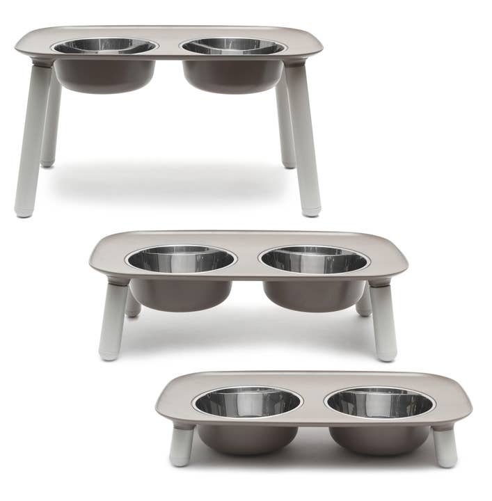 Pet Palette Distribution - Wholesale Pet Bowl - Cat/Dog - Messy Mutts Elevated Double Feeder w/Stainless Bowls Grey