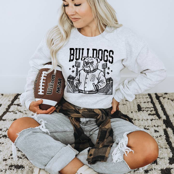 Bulldogs Letterman Mascot T-Shirt | Trendy School Spirit Shirt | Fast Shipping | Super Soft Shirts for Men/Women/Kid's for wholesale by Red Dirt Transfers