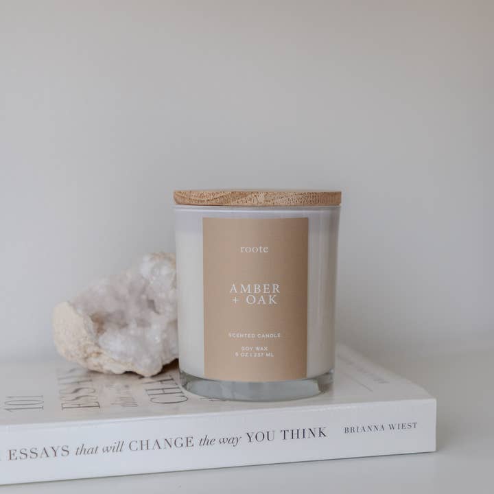 roote - Wholesale Jar/Filled Candle - Amber Oak Soy Wax Scented Candle White Tumbler Jar