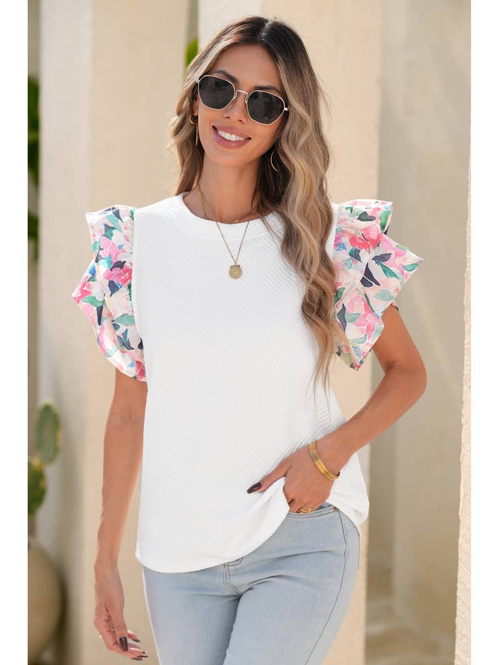 White LDC Abstract Print Tiered Ruffled Sleeve Textured Knit Top for wholesale on Faire