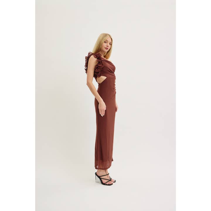 LENA - Wholesale Dress - Women's - FRILL AND CUTOUT WAIST DETAIL ONE SHOULDER MESH MAXI DRESS