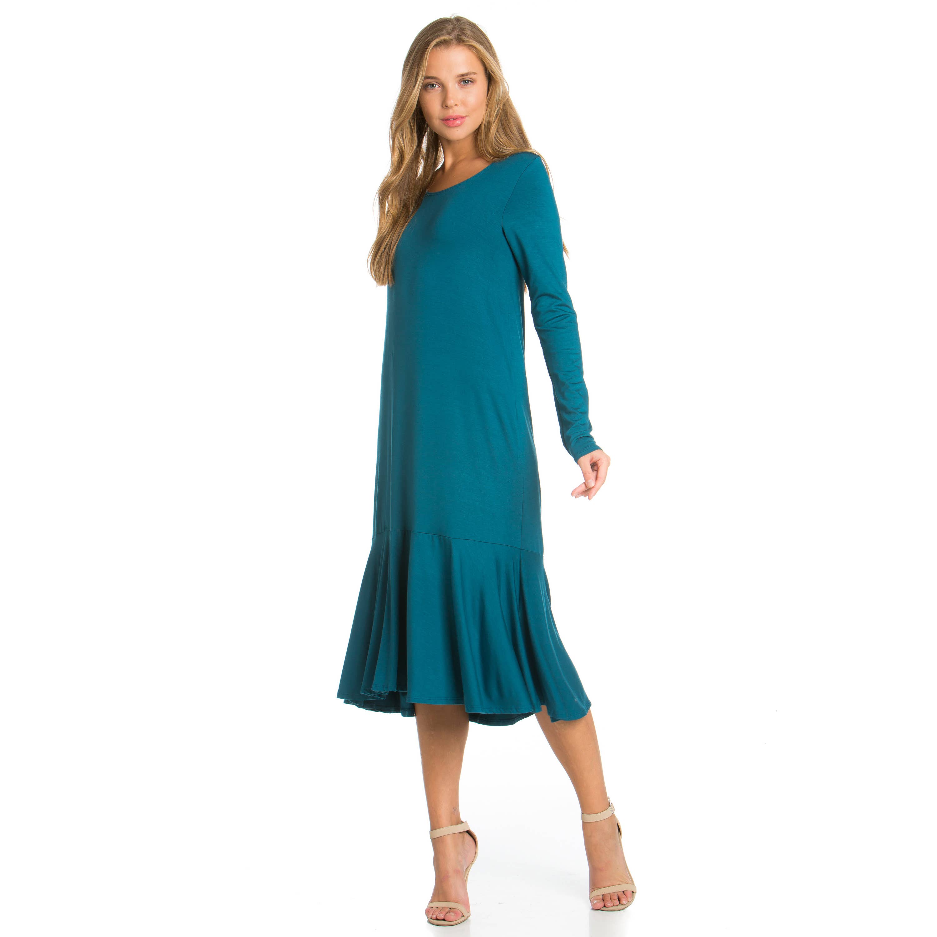 Azules Clothing - Wholesale Dress - Women's - ADM-8258RS Ruffle Hem Long Sleeve Midi Dress23