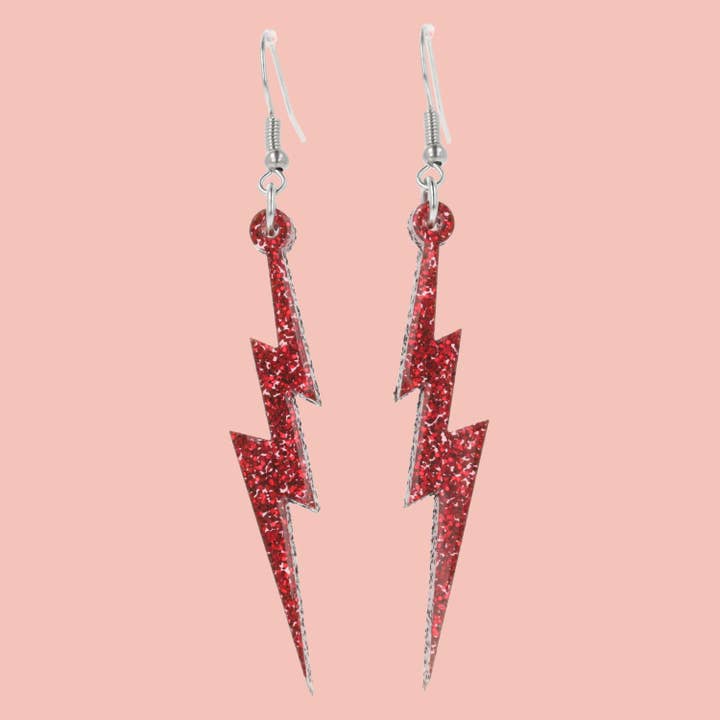Red Glitter Lightning Bolt Earrings for wholesale by Sour Cherry