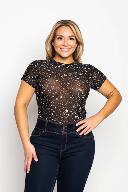 Black PLUS SIZE STAR GLITTER PRINT MESH BODYSUIT for wholesale on Faire