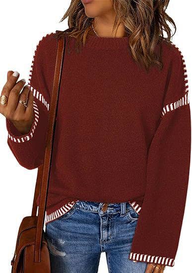 HIDDENBRAND - Wholesale Knit Sweater - Women's - Contrast Trim Cable Knit Pullover Sweater5