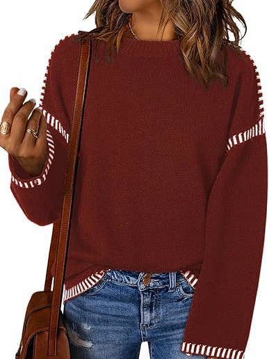 HIDDENBRAND - Wholesale Knit Sweater - Women's - Contrast Trim Cable Knit Pullover Sweater5