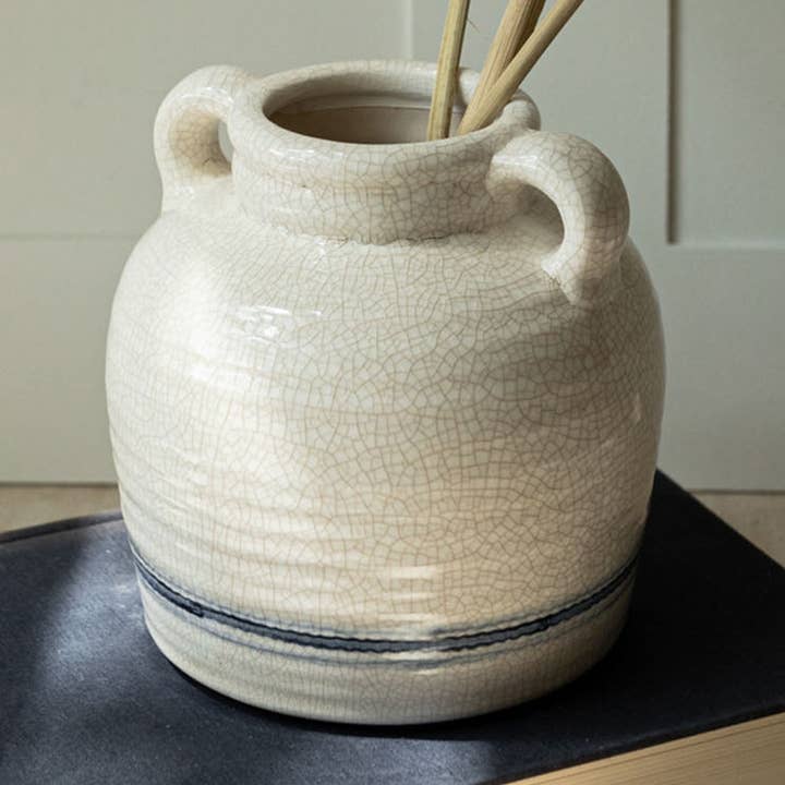 Edaline Vintage Crackle Ceramic Blue Stripe Vase Handles for wholesale by Foreside Home & Garden