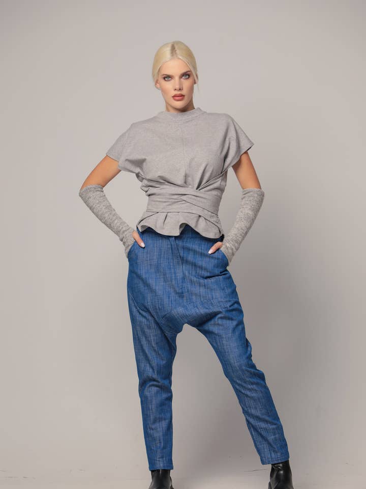 NAHARA - Drop crotch denim pants in with decorative seams in minimalistic style for wholesale by ADEPTT