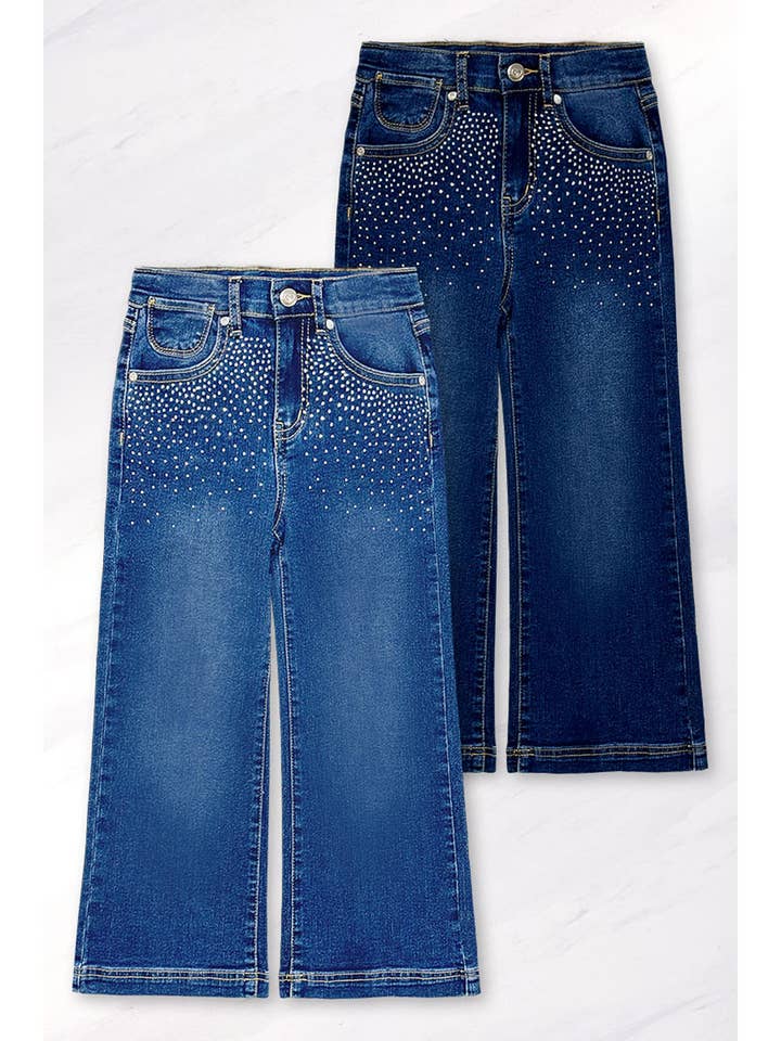 TDP-25-89430T Jean en denim à jambes larges pour tout-petit avec strass à l'avant pour la vente par Cutie Patootie Clothing