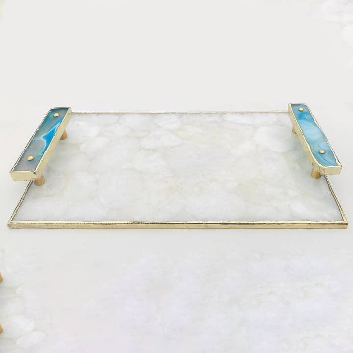 The Tangerine Store - Wholesale Serving tray - White Crystal Agate Plated Serving Tray With Blue Agate/Onyx Handles/Personalised Momentos/Sign Boards