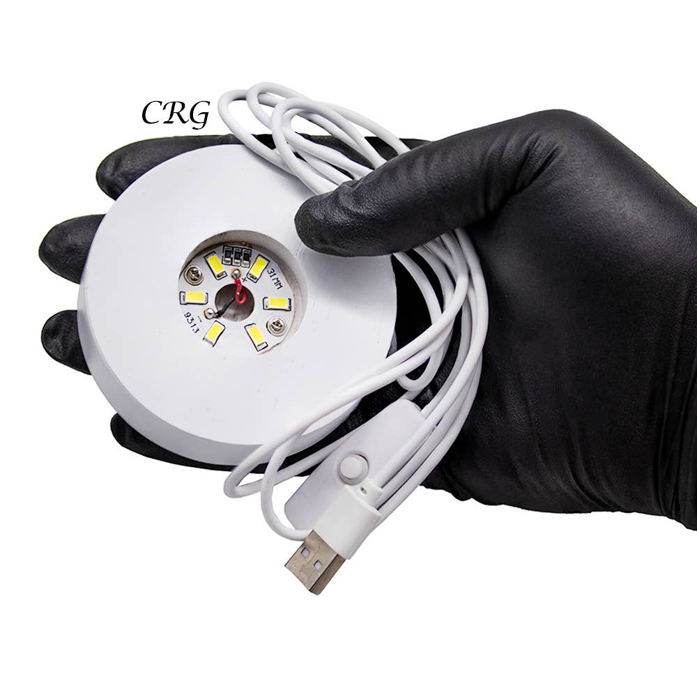 Crystal River Gems LLC - Wholesale Spiritual Stone/Crystal - QTY 1 - White Round Wooden Light Display Box with USB Plug1