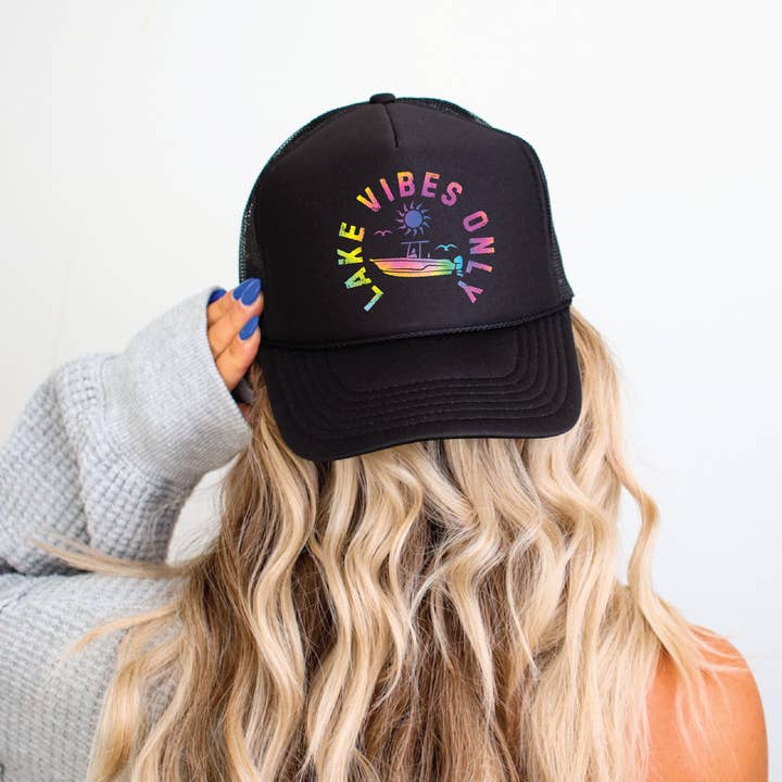 Lake Vibes Only DTF Printed Black Trucker Hat for wholesale by Southern Attitude Designs Inc