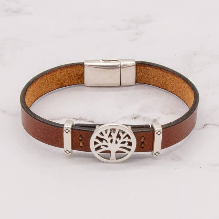 Leather Bracelet with Silver Charm & Magnetic Clasp - Tree of Life for wholesale by Arbor Trading Post