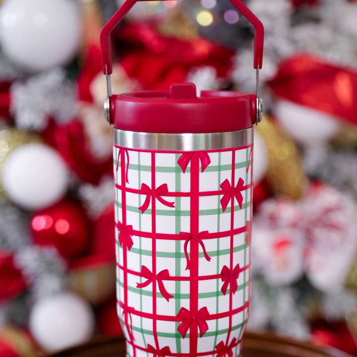 White Red Merry Little Bow Plaid Travel Tumbler for wholesale on Faire0