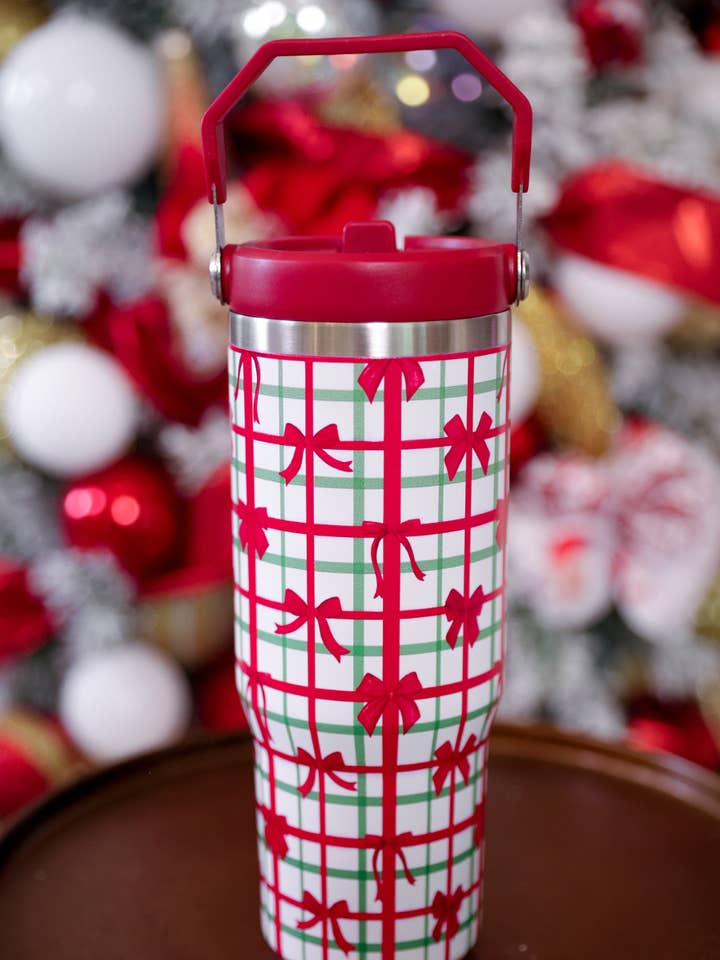 Merry Little Bow Plaid Travel Tumbler for wholesale by Jess Lea