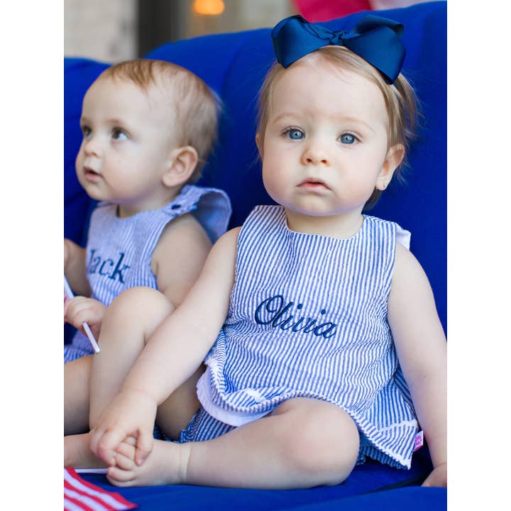 RuffleButts + RuggedButts - Wholesale Top & Short Set - Baby - Baby Girls Blue Seersucker Ric Rac Swing Top & Bloomer Set
3