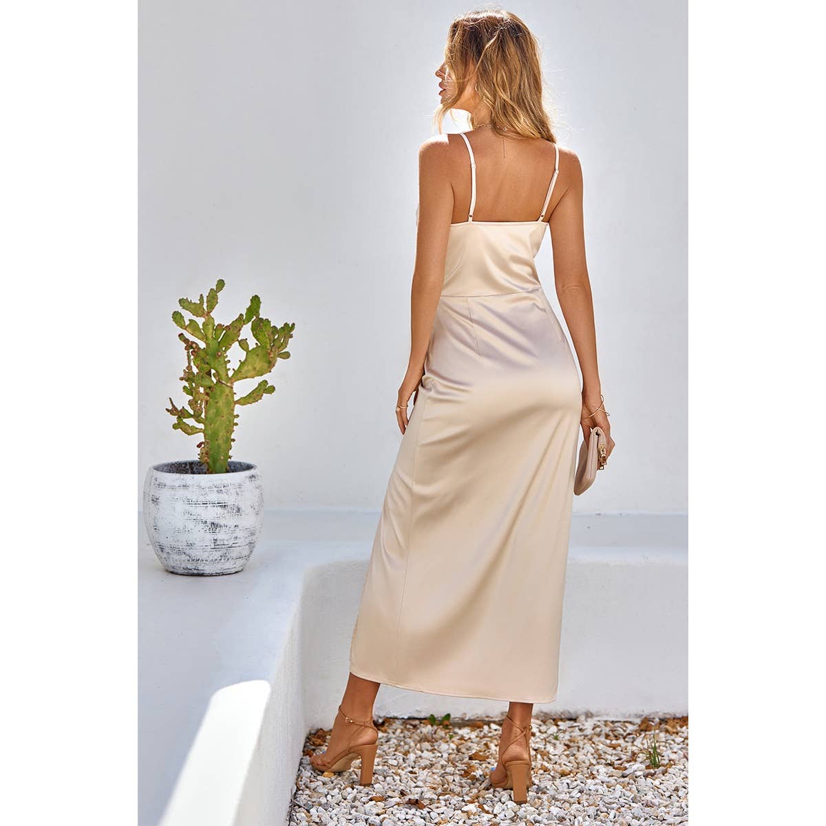 Supreme Fashion - Wholesale Dress - Women's - Spaghetti Strap Cowl Neck Split Midi Slit Dress5