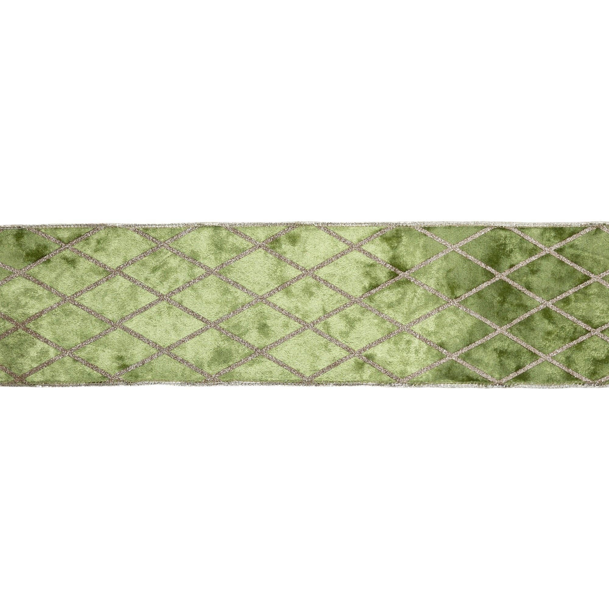 LA Ribbons Wholesale - Wholesale Ribbon - Gift Wrapping - 4" Wired Velvet Ribbon | Willow Green with Glittered Diamond | 10 Yard Roll1