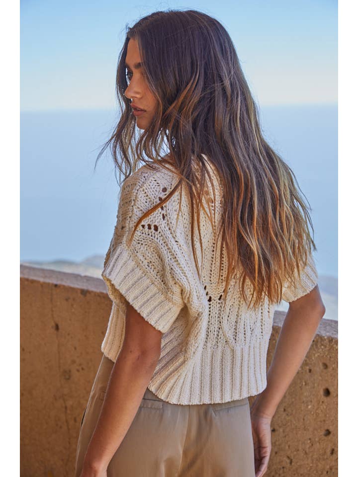 By Together - Wholesale Knit Top - Women's - W1124 | Knit Sweater Crochet Round Neck Short Sleeve Top