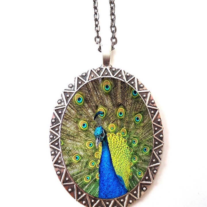 FringePop - Wholesale Pendant/Charm Necklace - Peacock Bird Necklace Pendant Silver Tone - Bird Feathers Animal Art