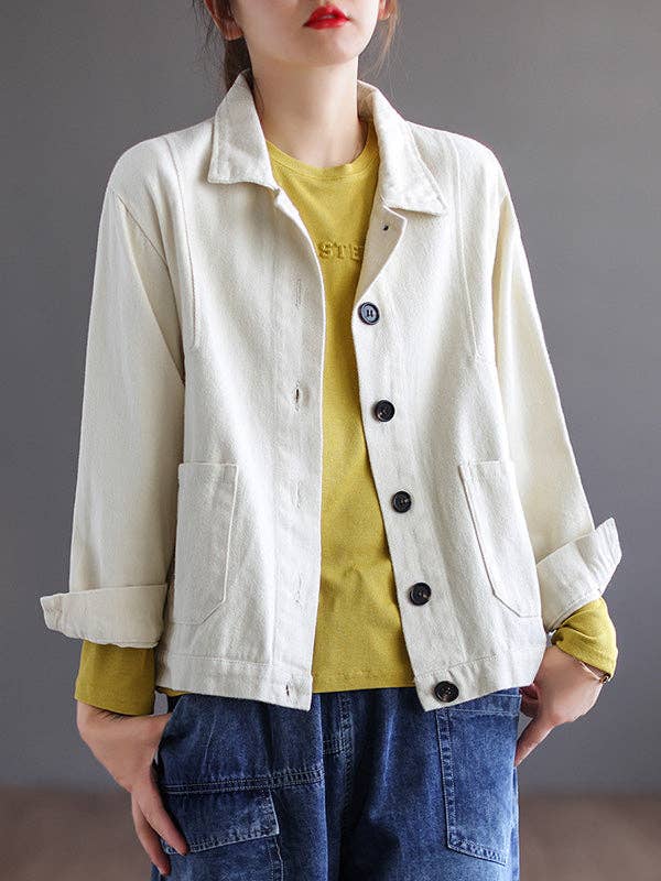 Plush Looks - Wholesale Jacket - Women's - Vintage Loose Long Sleeves Buttoned Solid Color Lapel Collar Outerwear2
