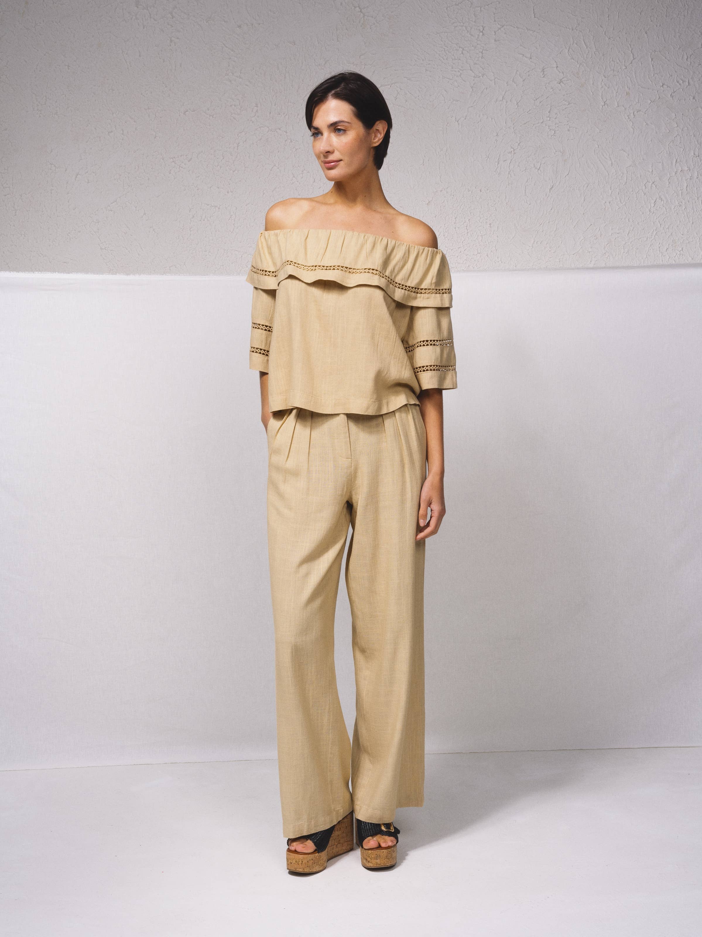 SMF - Vente Chemisier – femme - Tunique bandeau en mélange de lin avec broderies0