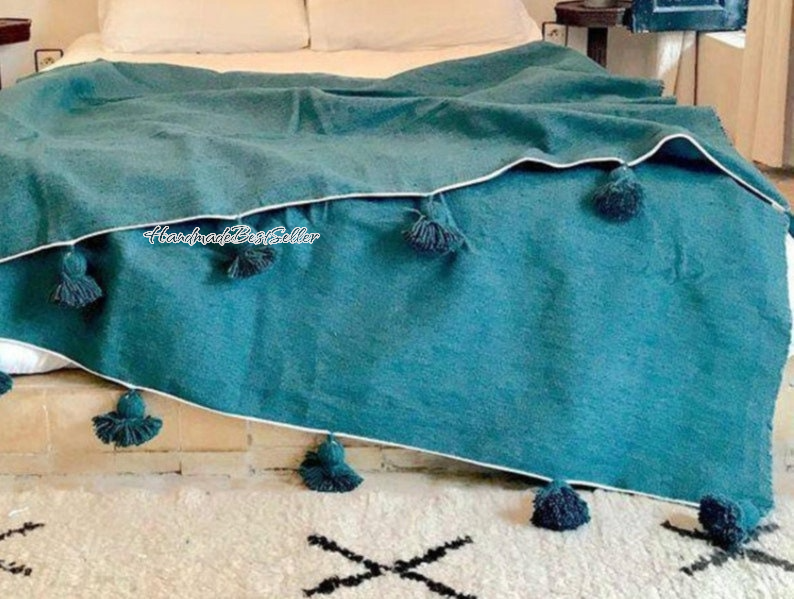 HandmadeBestSeller – wholesale Throw blanket – Handmade Emerald Green Moroccan Pom Pom Blanket 1