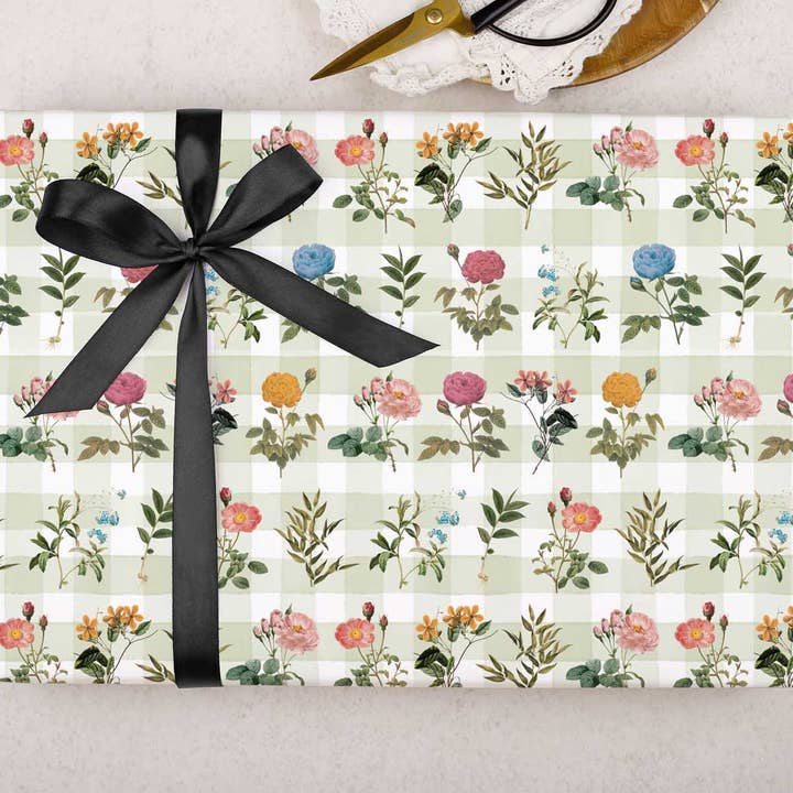 Green Gingham Floral Wrapping Paper | Gift Wrap for wholesale by Making Meadows Ltd