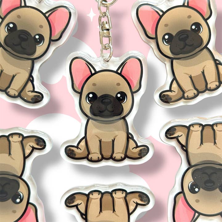 Französische Bulldogge Welpe Acryl Hundeschlüsselanhänger mit Epoxidharz | Einfacher Clip, niedlicher Hundecartoon, handgezeichnetes Design, Geschenk für Hundeliebhaber für den Großhandel von Milly Made Designs